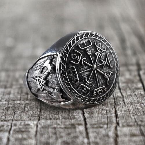 Vintage 316L Stainless Steel Mens Ring Scandinavia Viking Pirate Compass Ring Cross Ax Ring for Men Women Biker Jewelry
