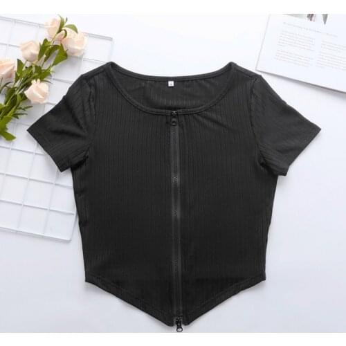 DAXIN Women Zipper Up T-Shirts Summer Short Sleeve Crop Tops Sexy Open Stitch Knitted Tee Slim Female Crop Top Ladies Shirt