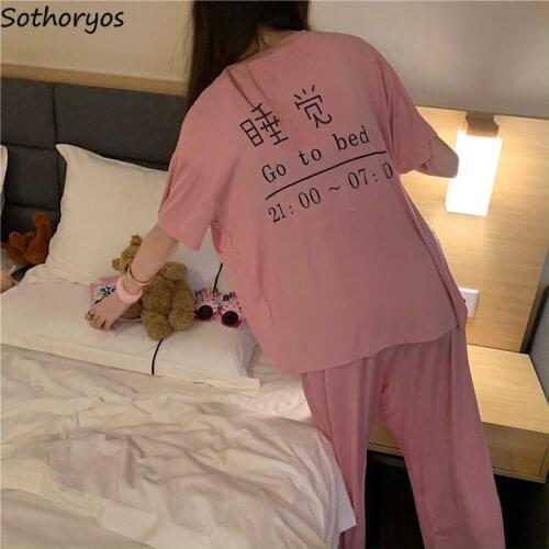Pajama Sets Women Letter Printed Pink Kawaii Large Size 2XL Full Length Bottom Short Sleeves Mujer Lazy Simple Sleepwear 2PCS