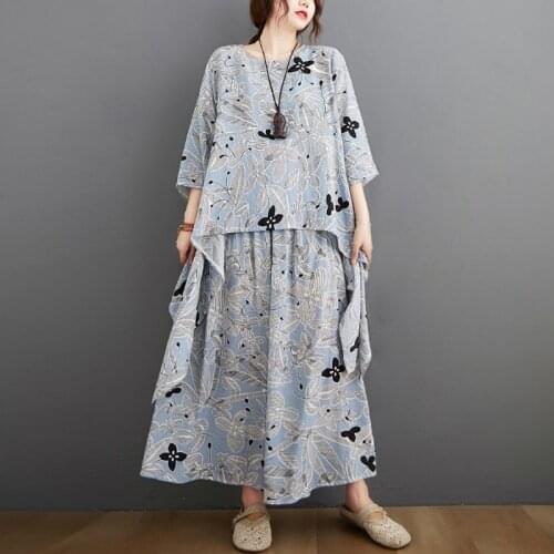 2 Piece Sets Women Loose Casual Pants Suits New Arrival 2021 Arts Style Vintage Print Female Tops And Wide Leg Pants B480