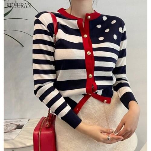 Striped Dot Knitted Women Cardigan Sweater Full Sleeve O-neck Single-breasted Tops Korean Vintage Elegant Female Jumpers 2021