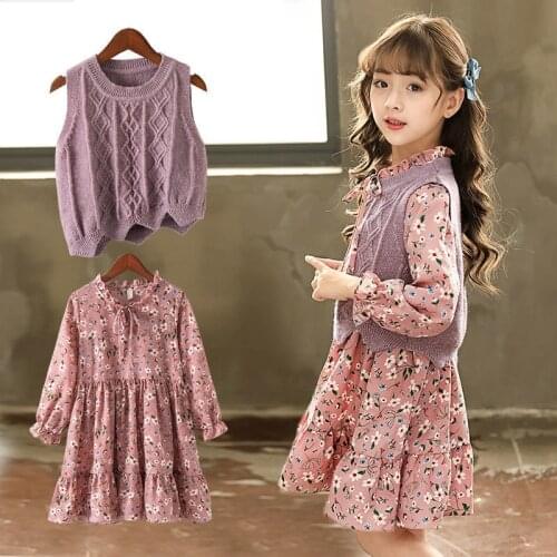 2Pcs/Set Girls Dress Vest Tops Clothes Sets for Girls Spring Floral Print Ruffles Dresses Princess Girls Long Sleeve Beach Dress