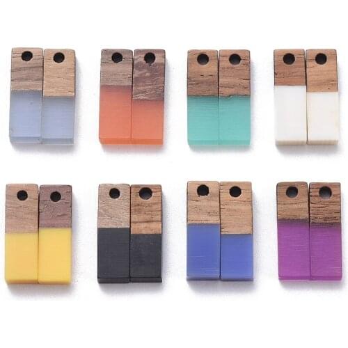 8 Colors Resin & Walnut Wood Pendants Rectangle Mixed Color 2pcs/color 16pcs/set