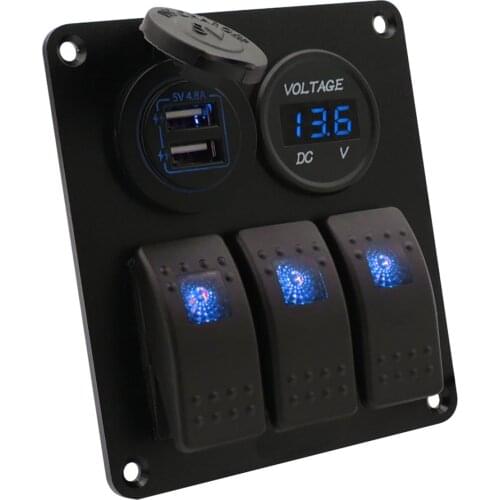 4.8A Dual USB Car Charger With LED Backlight Voltmeter Display​​ Multi-Functional Waterproof 3P Switch Panel Combination Charger