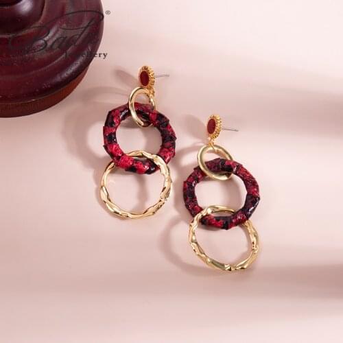 Badu Earrings 2021 Trend Golden And Red Leather Contrast Color Long Drop Earrings Stitching Geometric Round Chain For Women