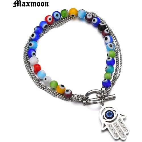 Maxmoon Fashion Silver Color Blue Evil Eye Hamsa Hand Fatima Palm Bracelets for Women Beads Chain Vintage Stainless Jewelry Gift
