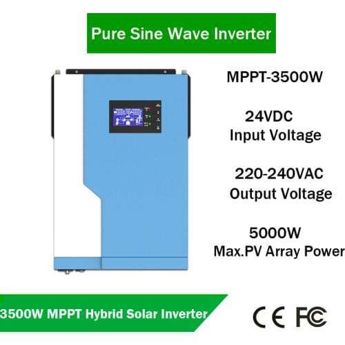Solar Hybrid Inverter 3500W with MPPT SCC Wide PV input range 120V-450Vdc 100A 24V Battery Voltage Pure Sine Wave Inverter