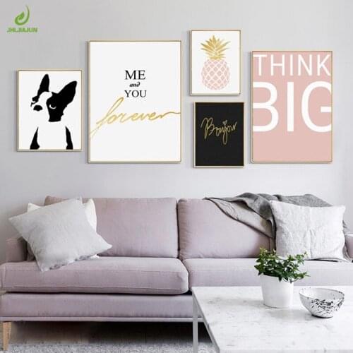 JHLJIAJUN Nordic Canvas Painting Pink Pineapple Dog Posters And Prints Modern Simple Painting Wall Art Picture Home Decor
