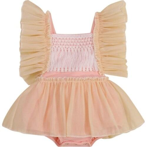 Baby Summer Jumpsuit, Splicing Square Neck Ruffled-Sleeve Backless Romper Skirt with Tassels for Toddler Girls, 0-24 Months