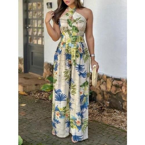 2020 Summer Women Elegant Sexy Leisure Jumpsuit Female V-Neck Vacation Casual Romper Crisscross Halter Tropical Print Jumpsuits