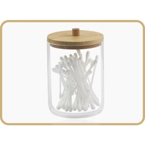 Storage Box with Bamboo Lids Acrylic Round Qtip Storage Box Container Cotton Pad Organizer Jewelry Holder Candy