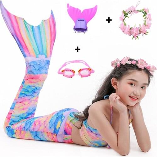 Kids Mermaid Tail for Girls Swimming Bating Suit Mermaid Costume Swimsuit can add Monofin Fin Goggle with Garland For Child Kids
