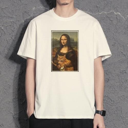 2021 Cotton Mens Funny T-shirts Mona Lisa Oil Painting Printed Tops Men Short Sleeve Fashion Harajuku Aesthetic Ulzzang Clothes