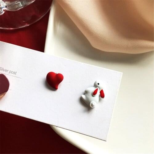 NEW RUANME A Pair Of Earrings Lovely Small White Rabbit Earrings Women Asymmetric Heart-Shaped Earrings Earrings Jewelry