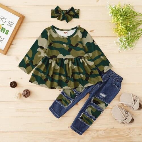 New Girls Casual Three-piece Clothes Set, Camouflage Printed Pattern Pullover, Jeans and Headdress