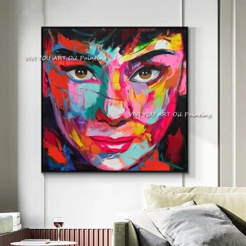Audrey Hepburn Portrait Face Oil painting on canvas Francoise Nelly Palette knife Acrylic Handmade painting Wall Art Decoration