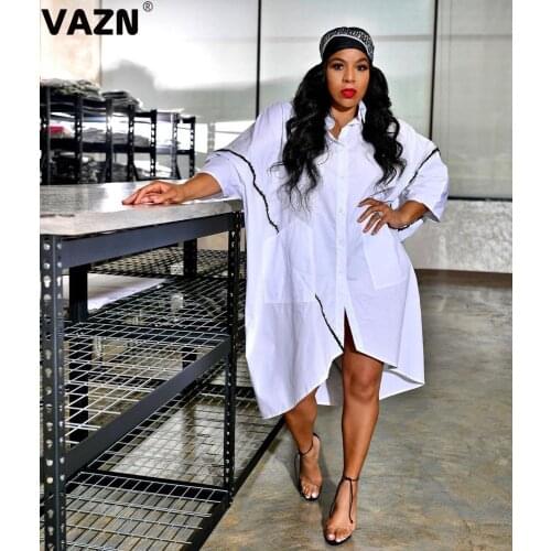 VAZN 2020 Hot Sales White Plus Size Young Nature Free Casual Daily Chiffon Simple Half Sleeve Women Straight Shirt Midi Dress