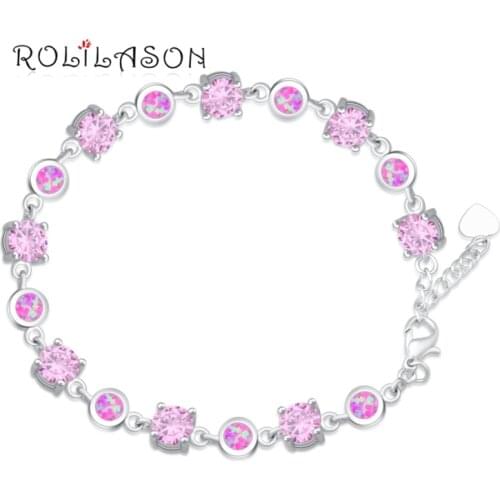 ROLILASON aliexpress Pink zircon Pink Created Fire Opal 925 Silver Stamped Charm Bracelets Women OBs090