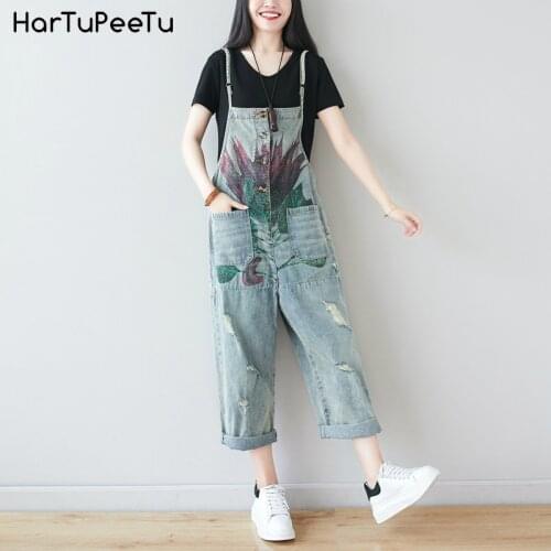 Ripped Big Size Jeans Pants Women Retro Denim Jumpsuit Summer Autumn 2021 Wide Leg Print Overalls for Girls with Spaghetti Strap