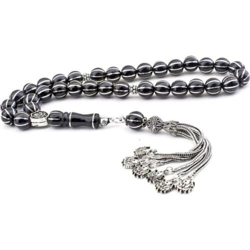 Silver Natural Jet Stone Prayer Bead With Silver Tassel Men Rosary Islamic Tasbih With Ottoman Coat of Arms Tassel 925k Silver