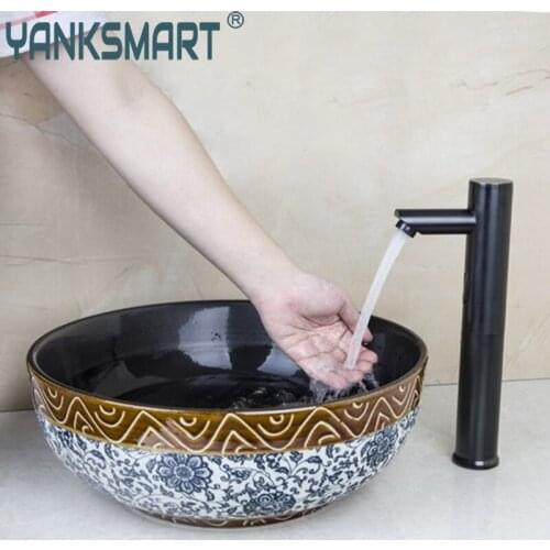 Black Basin Sensor Faucet+Washbasin Ceramic Hand-Painted 460189026 Lavatory Bathroom Sink Bath Combine Brass Faucets set