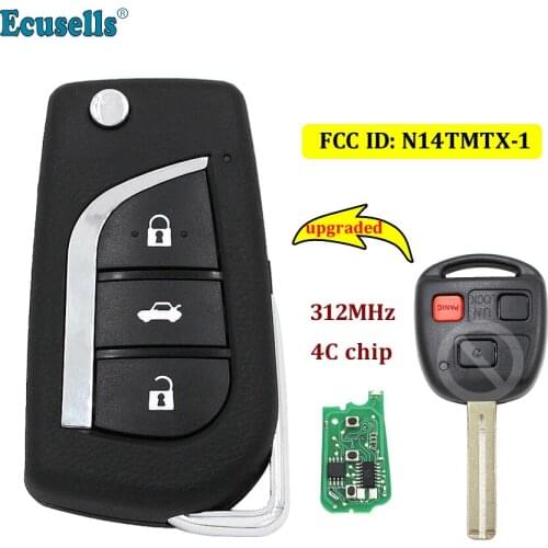 Upgraded Flip 3 Button Remote Car Key Fob 312MHz With 4C Chip for Lexus RX300 1999-2003 FCC ID: N14TMTX-1