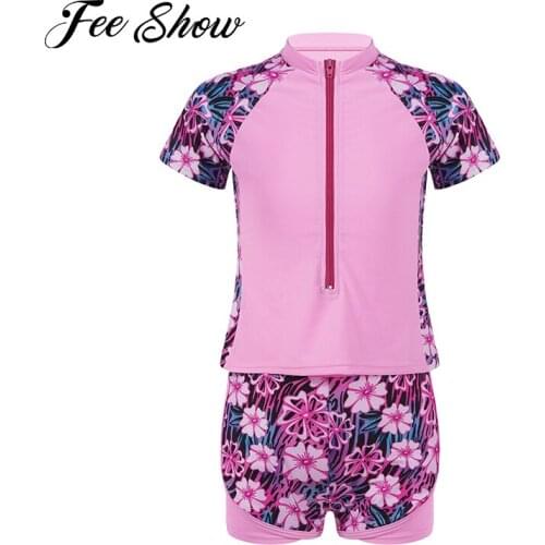 Kids Girls Swimming Bathing Suit Stand Collar Short Sleeves Front Zipper Closure Print Tops and Shorts Set Children Swimwear