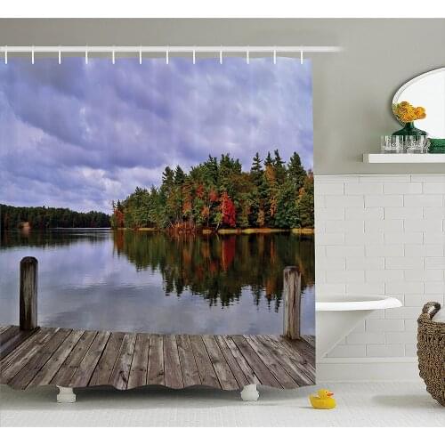 Lake Shower Curtain Wooden Dock and Island Ablaze in Fall Splendor Ludington State Park in Michigan USA Waterproof Bath Curtains