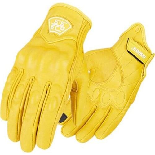 Yellow Genuine Leather Retro Motorcycle Gloves Men Touch Screen Motocross Gloves Full Finger Motorbike Vintage Biker Moto Gloves
