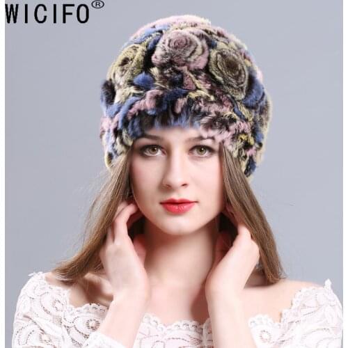 Women Genuine Knitted Rex Rabbit Fur Hats Natural Stripe Rex Rabbit Fur Caps Lady Winter Warm Real Rabbit Fur Beanies Headwear