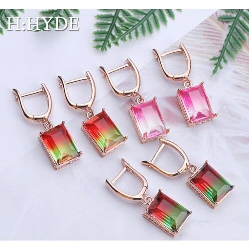 H:HYDE Colorful Crystal Earrings For Women Girls CZ Square Shape Hoop Earrings Statement Wedding Fashion Jewelry pendientes
