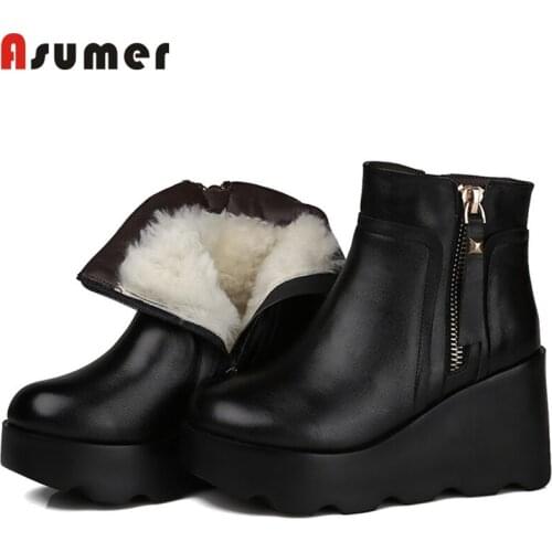 ASUMER black fashion winter snow boots round toe zip genuine leather boots platform wedges ankle boots for women keep warm shoes