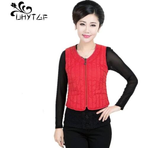 UHYTGF Women Winter Cotton vest Coat Fashion Thin light Parka Short Slim Warm Jacket 4XL Plus size Female Cotton Vest coats X467