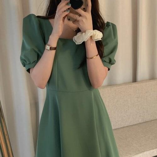 Women Summer Green Elegant Long Dress 2021 New Square Collar Puff Sleeve Slim Waist A-line Pullover Sundress Solid Color