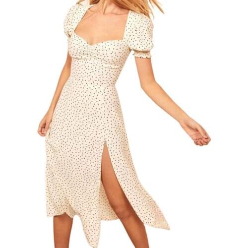 Women Dress Summer Puff Sleeve Wide Hem 3 Colors Ladies Low Neck Dot Printing Dress Women Streetwear Dress robe femme