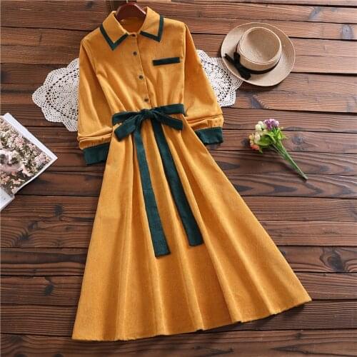Spring autumn elegant mori girl sweet vestidos new fashion long sleeve lady corduroy dress