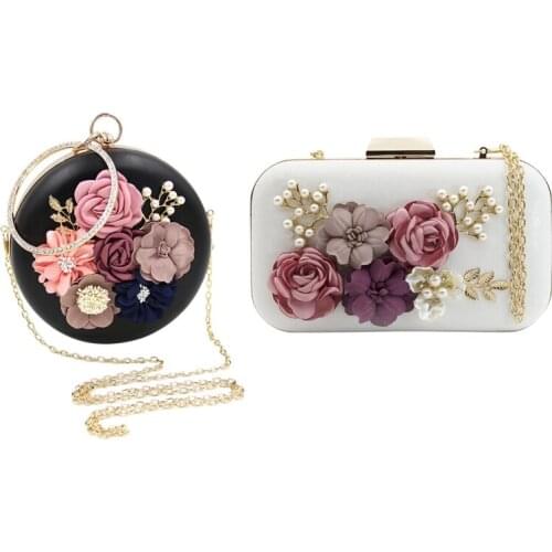 1Pcs Flower Leather Envelope Pearl Wallet Evening Handbag(White) & 1Pcs Flower Clutch Bags Round Shape Wedding Party Evening Han