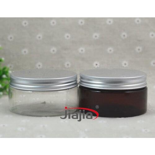 30pc/lot 200ml Dark Brown Plastic Cosmetic Jar Clear Serum Bottle Silver Aluminum Cap 200g Cream Container Factory Wholesale