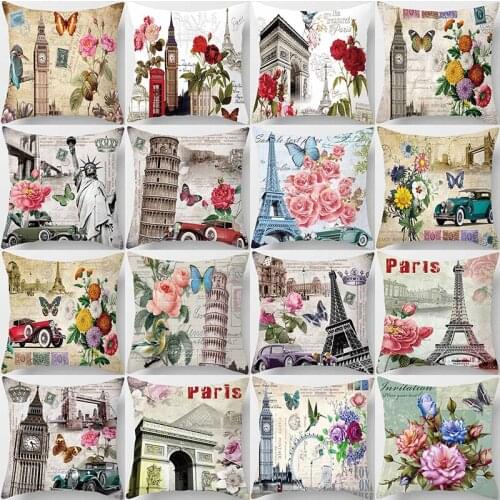 US europe vintage architecture pink roses car butterfly pillow cases short plush high quality square thick pillow case covers