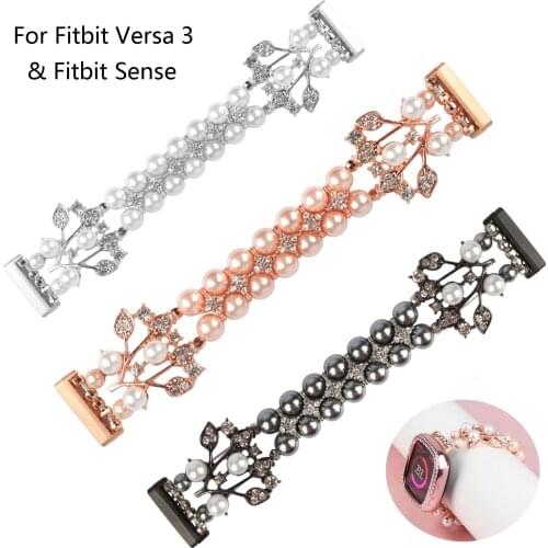 Bling Jewelry Watch Strap Bracelet For Fitbit Versa 3 Smart Watch Band Pink Pearl Wristband For Fitbit Sense Watch Accesssory