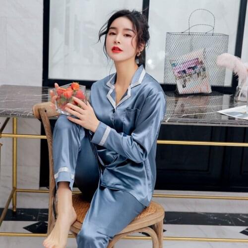Womens Long Sleeve Pajamas Sets Emulation Silk Pyjama Sleepwear Mujer Sets Spring Pijama Homewear Feminino lingerie Pijamas