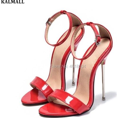 KALMALL Sexy Women Red White Black Fetish Sandals Metal Ultra High Heels Ankle Strap Stilettos Dance Shoes Lady Plus size 43