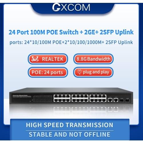 24 port 10/100+2Giga rj45+2Giga SFP managed POE Switch,POE turn on or off remotely