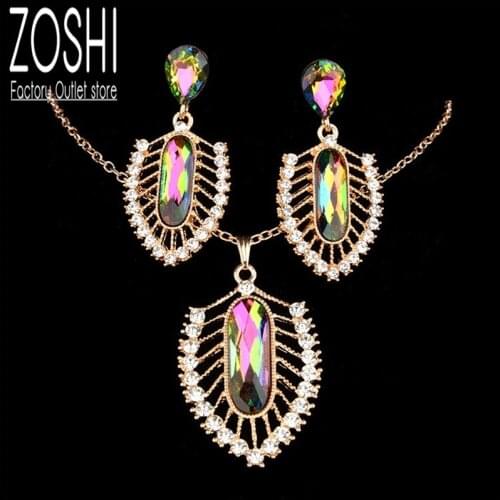 Mystic Colorful Crystal Jewelry Set Leaf Drop Earrings/Necklace Set Rhinestone Gold Plated Chain Anniversary Wedding Party Lady