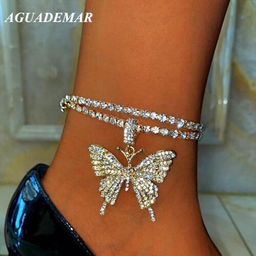 Multilayer Crystal Big Butterfly Tennis Chain Anklets Set For Women Full Rhinestones Animal Pendants Ankle Bracelet Foot Jewelry