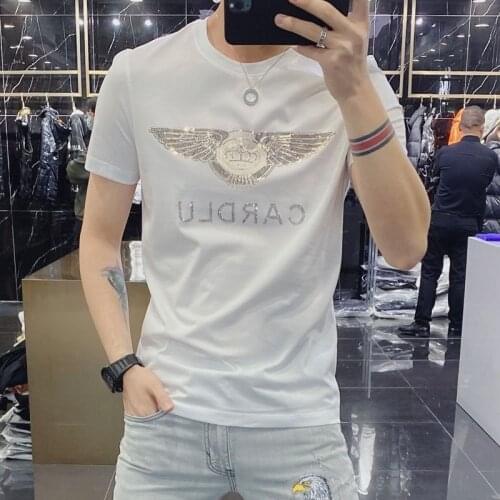 2021 summer tide brand fashion personality breathable hot drill slim round neck thin short sleeve t-shirt men