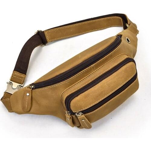 Men Male Waist Pack Natrual Cow Skin Waist Bag Outing Stroll Fanny Pack Zipper Belt Bum Waist Bag Brown Genuine Leather