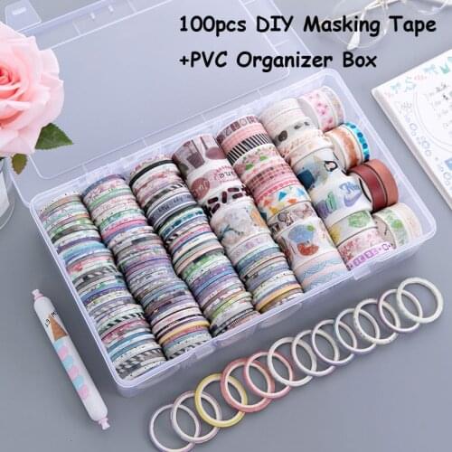 SKYSONIC 100pcs Washi Tape+Transparent Box Organizer Adhesive Masking Tapes Set Decorative Sticker Scrapbook Tape Gift Sets