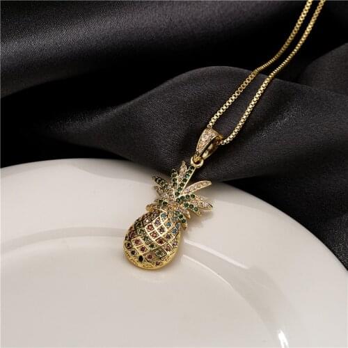 New Arrival Colourful Cubic Zirconia Pave Setting Pineapple Pendant Necklace For Women Girl Gold Color Box Chain Necklace Gift
