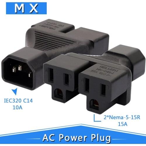 PDU UPS IEC 3 Pin Male C14 to 2X US Power Adapter, Y Splitter C14 to 5-15R 1 in 2 1 to 2 Adapter, Y Splitter Adapter